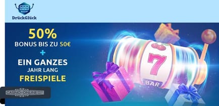 50 € Bonus + 1 Jahr Freispiele bei DrückGlück Casino